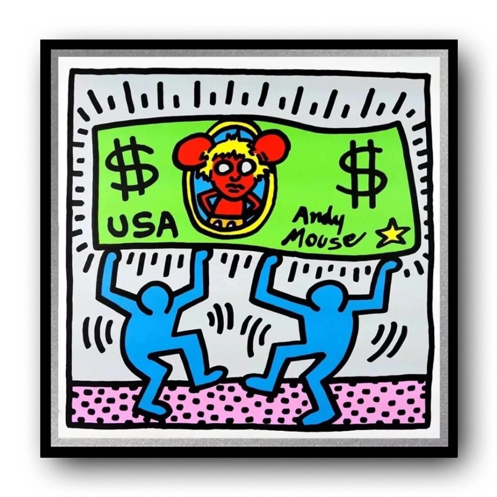 Framed artwork with colorful design featuring a character holding a dollar bill labeled 'USA Andy Mouse'.